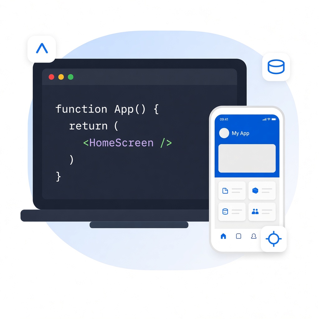 Laptop with code editor and phone showing a sample app interface